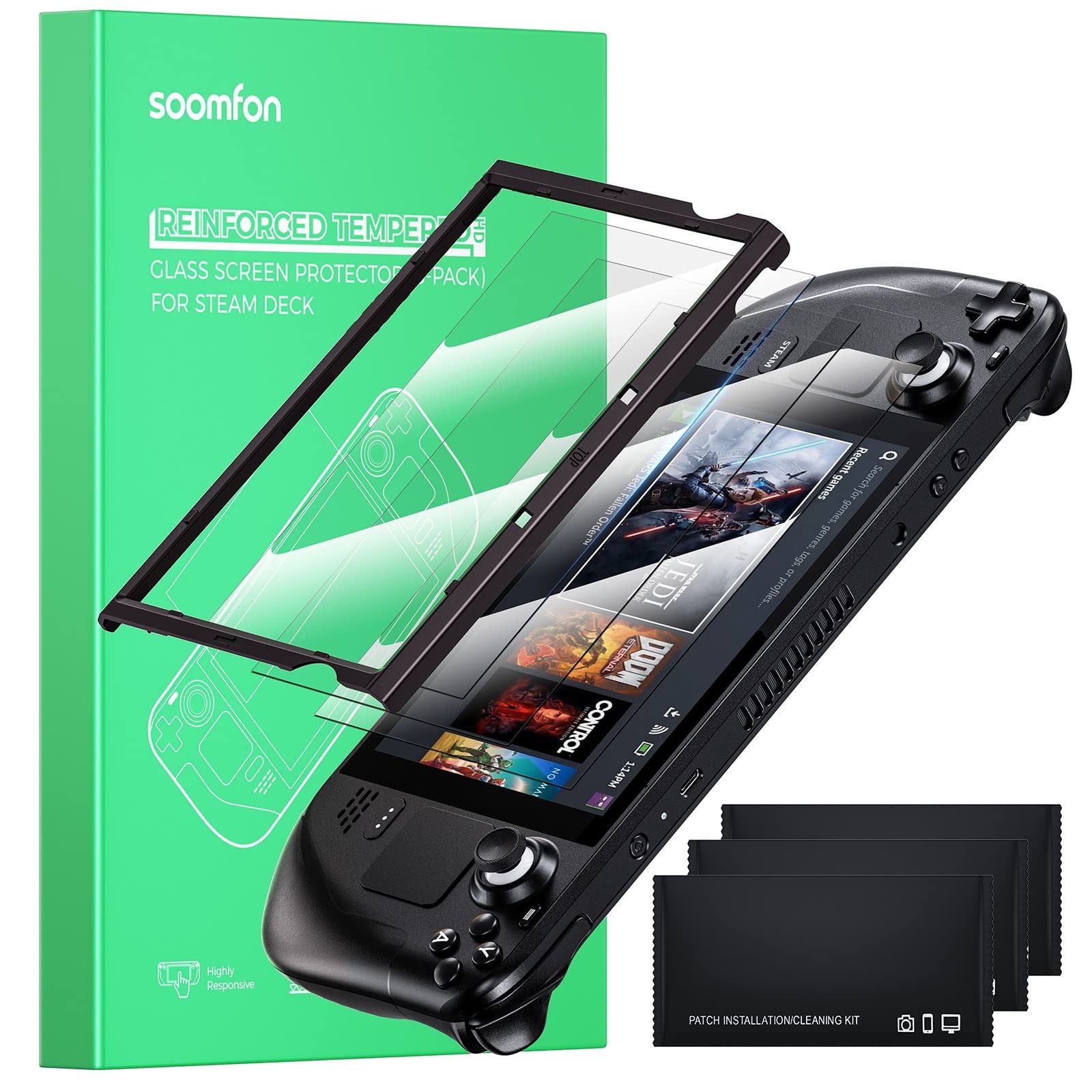 SOOMFON 3 Pack Steam Deck Screen Protector,Ultra HD Glass Protector 9H Hardness ,Come with Toolkits