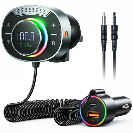 SOOMFON Bluetooth 5.3 FM Transmitter for Car with QC3.0 & 5V/2.4A Dual Charging Port,Hands Free Car Kit, Music Player,Black