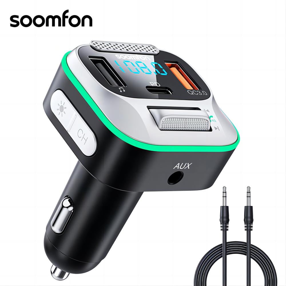  Bluetooth 5.3 FM Transmitter for Car - SOOMFON Bluetooth Car  Adapter with Big Mic Bass Stereo Hi-Fi Sound, PD30W QC18W FM Bluetooth  Transmitter Car Charger Support Hands-Free Calls, Aux Out, TF
