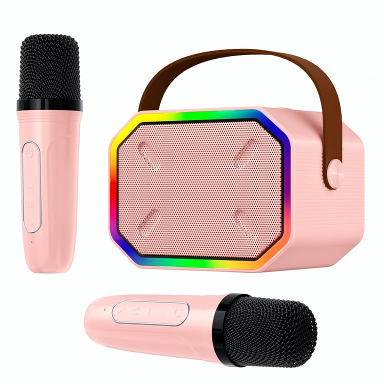 SOOMFON Mini Karaoke Machine for Kids Adults with 2 Wireless Microphones,  Portable Bluetooth Speaker Music Player Toys for Girls 3-12 Years Birthday  Christmas,Pink 