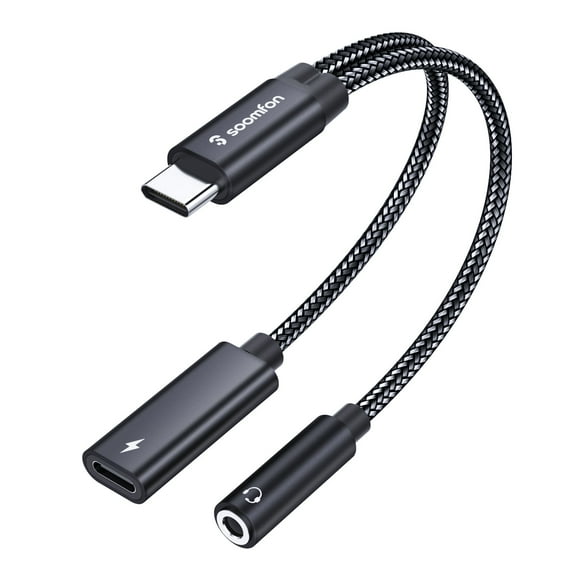 SOOMFON USB C to 3.5mm Headphone and Charger Adapter,2 in 1 USB C to Aux Audio Jack with PD 60W Fast Charging Dongle Cable Cord,Compatible with S22/S21/S20/S20+ Ultra, Pixel 5/4/3 XL(Black)