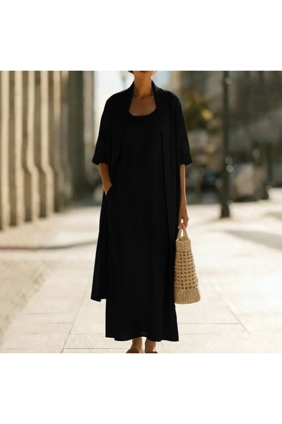 2 Piece Dress for Women Plus Size Spaghetti Strap Linen Sundress with Pockets Comfy Long Cardigan Matching Set