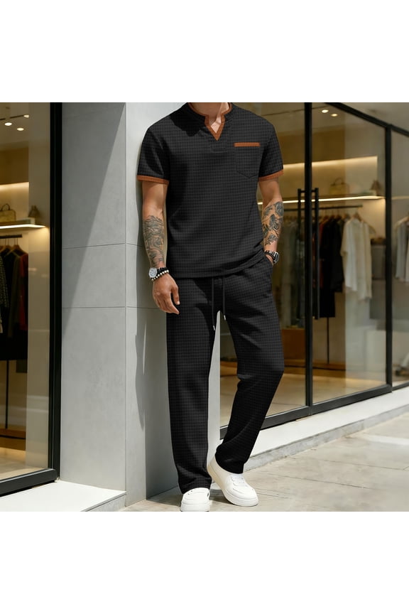 2 Piece Outfit for Men Big and Tall Henley T Shirts Pants with Pockets Waffle Matching Set Casual Vacation Sets