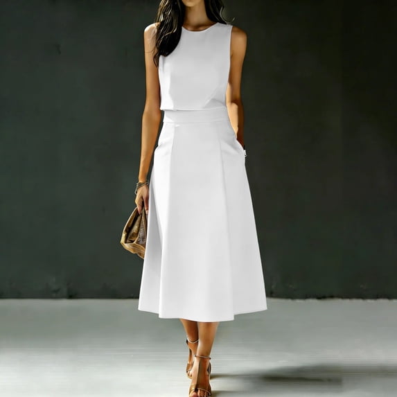 SOOMLON 2 Piece Skirt Set for Women Crew Neck Sleeveless Shirt Draped A Line Midi Skirt with Pockets High Waisted Outfits