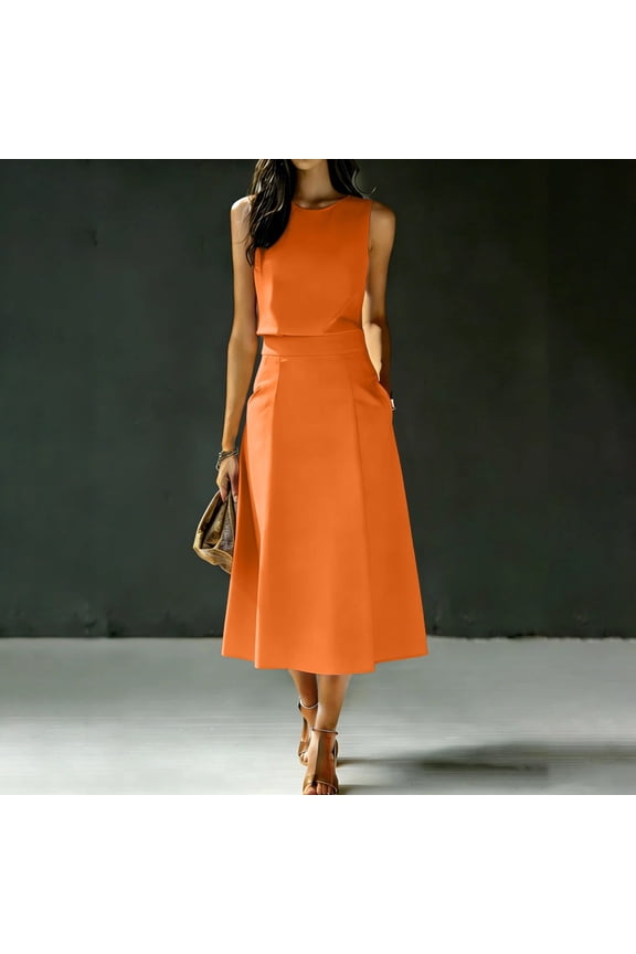 2 Piece Skirt Set for Women Crew Neck Sleeveless Shirt Draped A Line Midi Skirt with Pockets High Waisted Outfits