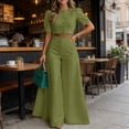 thumbnail image 1 of SOOMLON 2 Piece Skirt Set for Women Plus Size Dressy Puff Sleeve Button down Shirts Draped Culottes Green Matching Set, 1 of 6