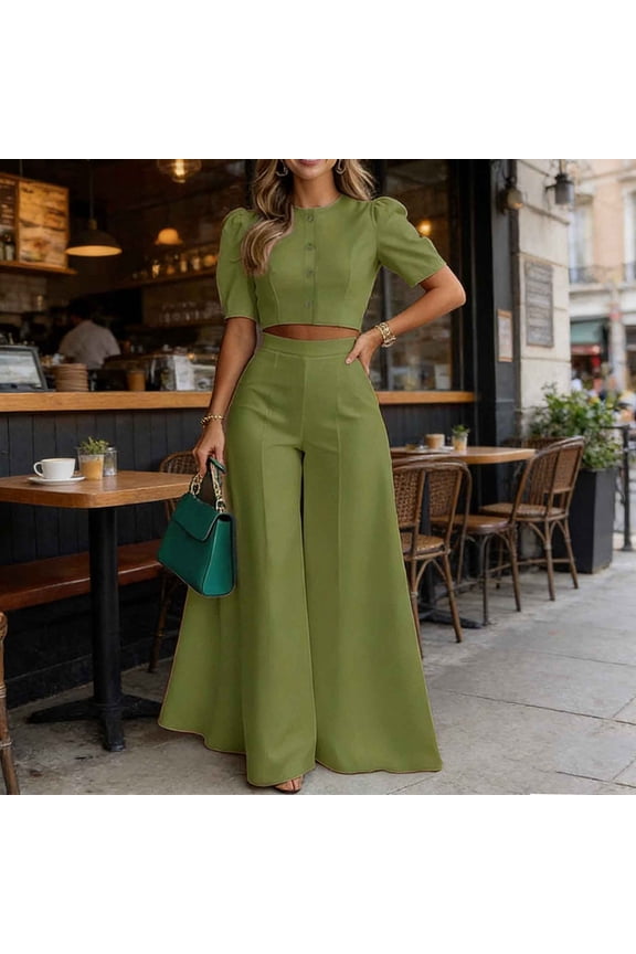2 Piece Skirt Set for Women Plus Size Dressy Puff Sleeve Button down Shirts Draped Culottes Green Matching Set