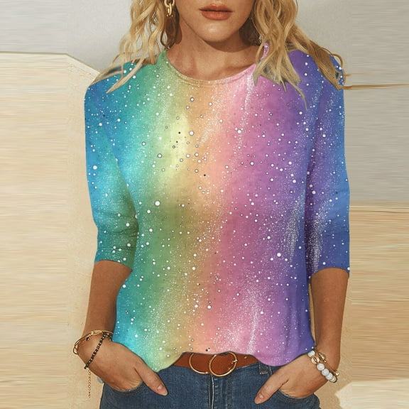 SOOMLON 3/4 Length Sleeve Women's Shirts Plus Size Tunic Cotton Tops Casual Crewneck Shirts Funny Sparkly Print T Shirts 2025 Fashion Spring Summer Ladies Tops Loose Fit Boho Basic Outfits Pullover S