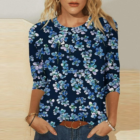 SOOMLON 3/4 Length Sleeve Women's Shirts Plus Size Tunic Cotton Tops Casual Round Neck Shirts Cute Daisy Graphic T Shirts 2025 Fashion Spring Summer Ladies Tops Loose Fit Outfits Pullover Dark Blue S