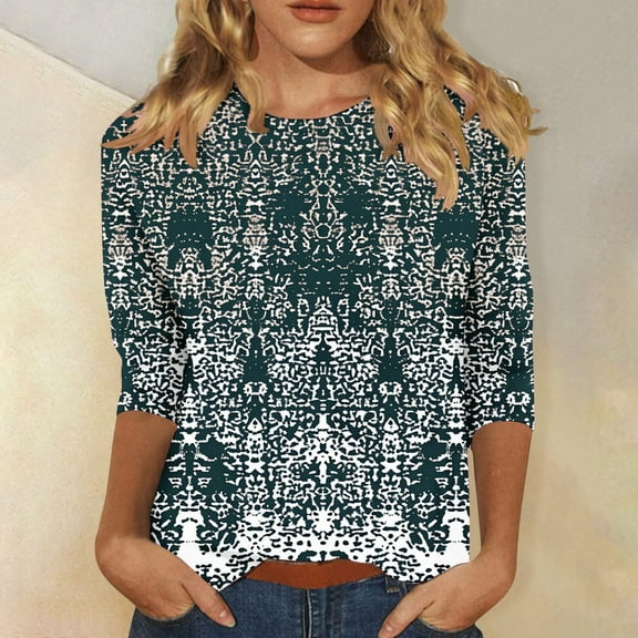 SOOMLON 3/4 Length Sleeve Women's Shirts Plus Size Tunic Cotton Vintage Tops Casual Crewneck Shirts Funny Ethnic Print T Shirts 2025 Fashion Spring Summer Ladies Tops Loose Fit Outfits Pullover 3XL