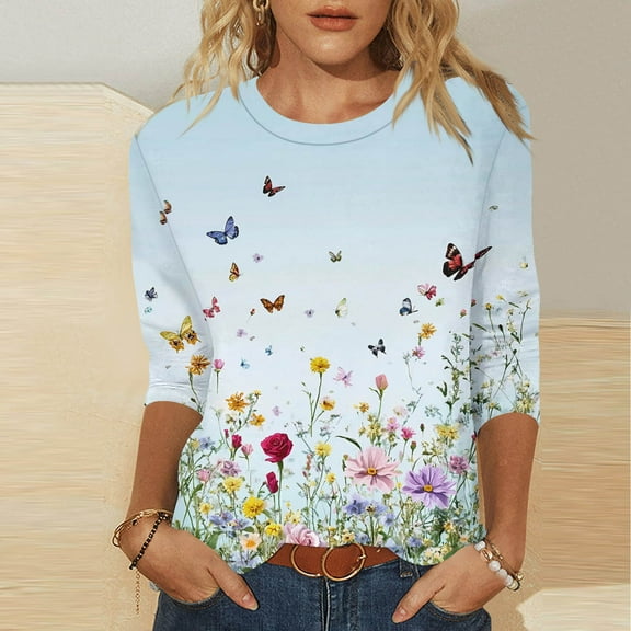 SOOMLON 3/4 Length Sleeve Womens Tops Petite Tunic Cotton Tops Dressy Casual Crewneck Shirts Cute Floral Graphic T Shirts 2025 Trendy Spring Summer Ladies Tops Loose Fit Basic Outfits Pullover Blue S
