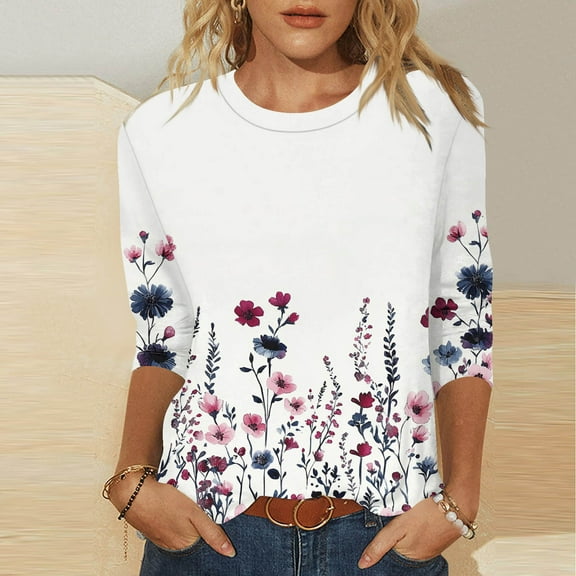 SOOMLON 3/4 Length Sleeve Womens Tops Petite Tunic Cotton Tops Dressy Casual Crewneck Shirts Cute Floral Graphic T Shirts 2025 Trendy Spring Summer Ladies Tops Loose Fit Outfits Pullover White M