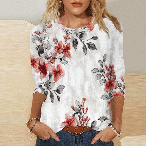 SOOMLON 3/4 Length Sleeve Womens Tops Petite Tunic Cotton Tops Dressy Casual Crewneck Shirts Cute Floral Print T Shirts 2025 Trendy Spring Summer Ladies Tops Loose Fit Basic Outfits Pullover White XL