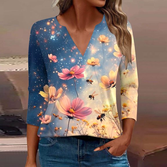 SOOMLON 3/4 Length Sleeve Womens Tops Plus Size Tunic Cotton Bee Festival Tops Casual V Neck Shirts Funny Honey Bee Print T Shirts 2025 Trendy Spring Summer Ladies Tops Loose Fit Outfits Pullover 2XL