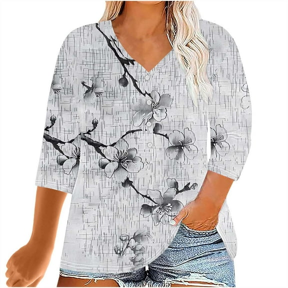 SOOMLON 3/4 Length Sleeve Womens Tops Plus Size Tunic Cotton Oversized Tops Dressy Casual V Neck Shirts Cute Floral Print T Shirts 2025 Trendy Spring Summer Ladies Tops Loose Fit Outfits Pullover 3XL