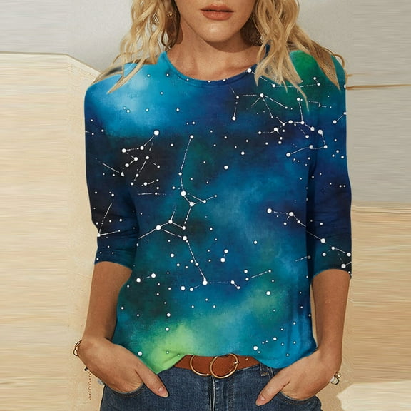 SOOMLON 3/4 Length Sleeve Womens Tops Plus Size Tunic Cotton Tops Casual Crewneck Shirts Funny Star Sky Graphic T Shirts 2025 Trendy Spring Summer Ladies Tops Loose Fit Outfits Pullover Purple XL