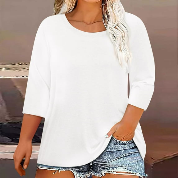 SOOMLON 3/4 Length Sleeve Womens Tops Plus Size Tunic Cotton Tops Casual Plain Crew Neck Shirts Cute Oversized T Shirts 2025 Trendy Spring Summer Ladies Tops Loose Fit Outfits Pullover White 5XL