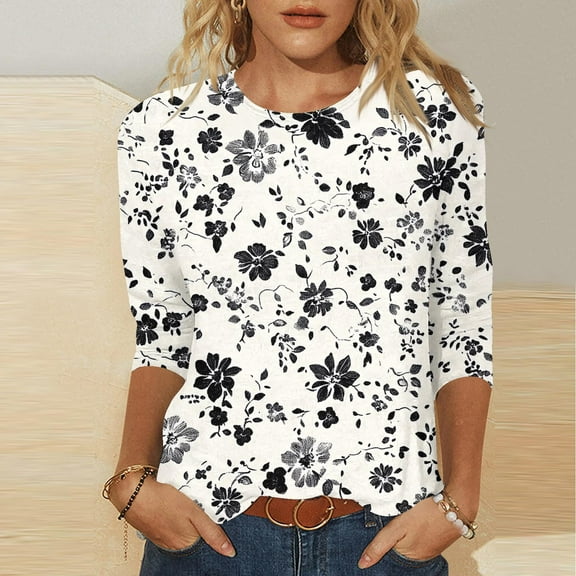 SOOMLON 3/4 Length Sleeve Womens Tops Plus Size Tunic Cotton Tops Casual Round Neck Shirts Funny Flowers Print T Shirts 2025 Trendy Spring Summer Ladies Tops Loose Fit Outfits Pullover Khaki XL
