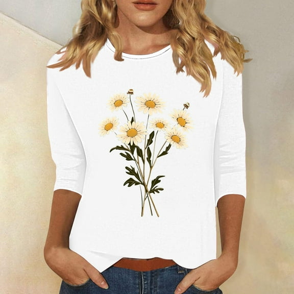 SOOMLON 3/4 Length Sleeve Womens Tops Plus Size Tunic Cotton Tops Dressy Casual Crew Neck Shirts Cute Floral Graphic T Shirts 2025 Trendy Spring Summer Ladies Tops Loose Fit Outfits Pullover White M