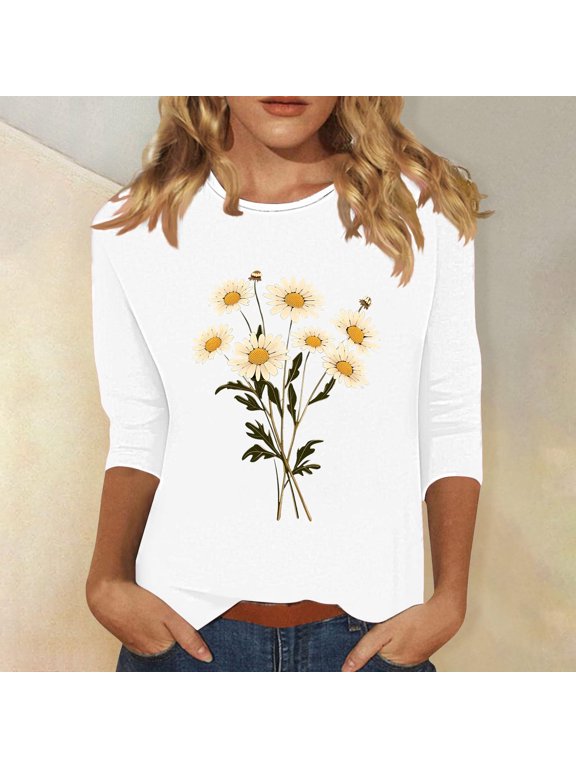 3/4 Length Sleeve Womens Tops Plus Size Tunic Cotton Tops Dressy Casual Crew Neck Shirts Cute Floral Graphic T Shirts 2025 Trendy Spring Summer Ladies Tops Loose Fit Outfits Pullover White M