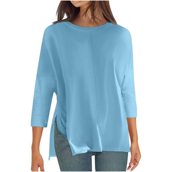 SOOMLON 3/4 Sleeve Blouses for Women Petite Tunic Cotton Tops Dressy Casual Plain Round Neck Shirts Cute T Shirts 2025 Trendy Spring Summer Ladies Tops Loose Fit Boho Basic Outfits Pullover Blue S