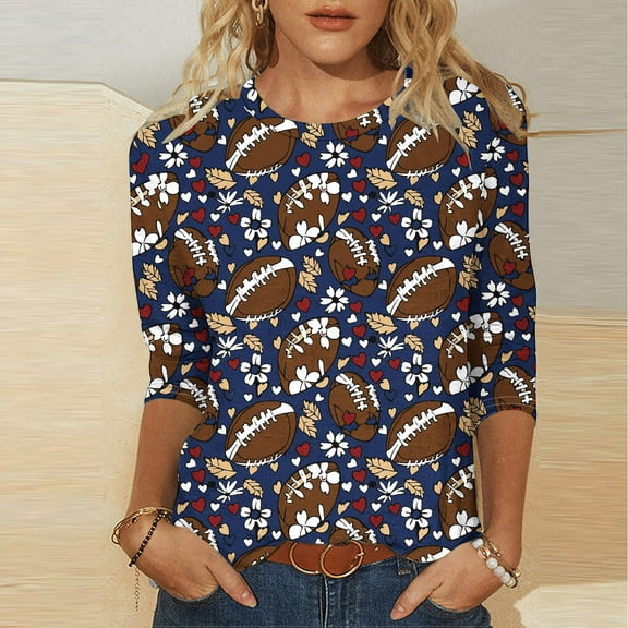 SOOMLON 3/4 Sleeve Blouses for Women Plus Size Baseball Mom Cotton Tops Casual Round Neck Shirts Funny Football Graphic T Shirts 2025 Trendy Spring Summer Ladies Tops Loose Game Day Blouses 3X