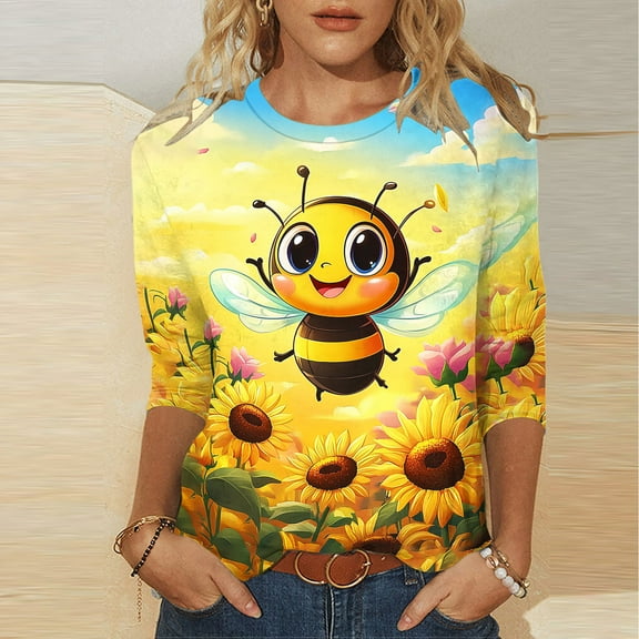 SOOMLON 3/4 Sleeve Blouses for Women Plus Size Tunic Bee Festival Tops Casual Crewneck Shirts Funny Honey Bee Graphic T Shirts 2025 Trendy Spring Summer Ladies Tops Loose Outfits Pullover Yellow M