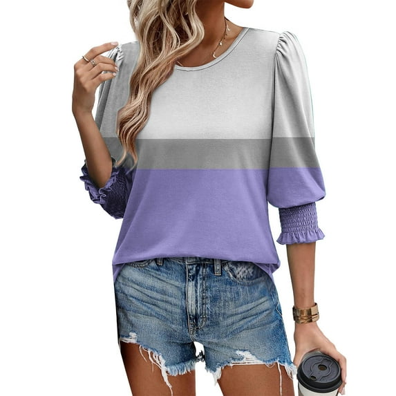 SOOMLON 3/4 Sleeve Shirts for Women Petite Tunic Cotton Stretchy Tops Casual Crewneck Shirts Cute Color Block T Shirts 2025 Trendy Spring Summer Ladies Tops Loose Fit Basic Outfits Pullover Purple XL