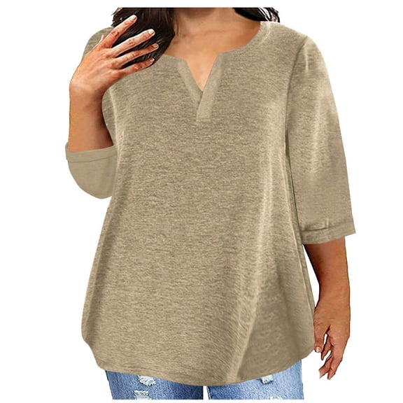 SOOMLON 3/4 Length Sleeve Womens Tops Plus Size Tunic Cotton Tops Dressy Casual Plain V Neck Shirts Sexy T Shirts 2025 Trendy Spring Summer Ladies Tops Loose Fit Y2k Basic Outfits Pullover Khaki 2XL