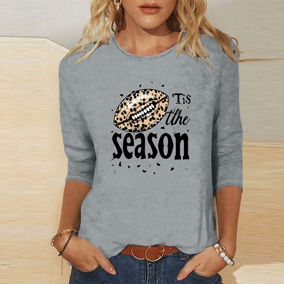 SOOMLON 3/4 Sleeve Shirts for Women Plus Size Tunic Game Day Tops Casual Crew Neck Shirts Cute Football Mom Print T Shirts 2025 Trendy Spring Summer Ladies Tops Loose Fit Outfits Pullover Gray 2XL