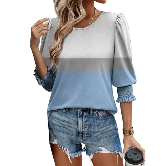 SOOMLON 3/4 Sleeve T Shirts for Women Petite Tunic Cotton Stretchy Tops Casual Round Neck Shirts Cute Color Block T Shirts 2025 Trendy Spring Summer Ladies Tops Loose Fit Outfits Pullover Blue XL
