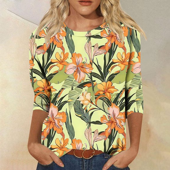 SOOMLON 3/4 Sleeve T Shirts for Women Plus Size Tunic Cotton Tops Casual Crew Neck Shirts Cute Floral Print T Shirts 2025 Trendy Spring Summer Ladies Tops Loose Fit Basic Outfits Pullover Yellow S