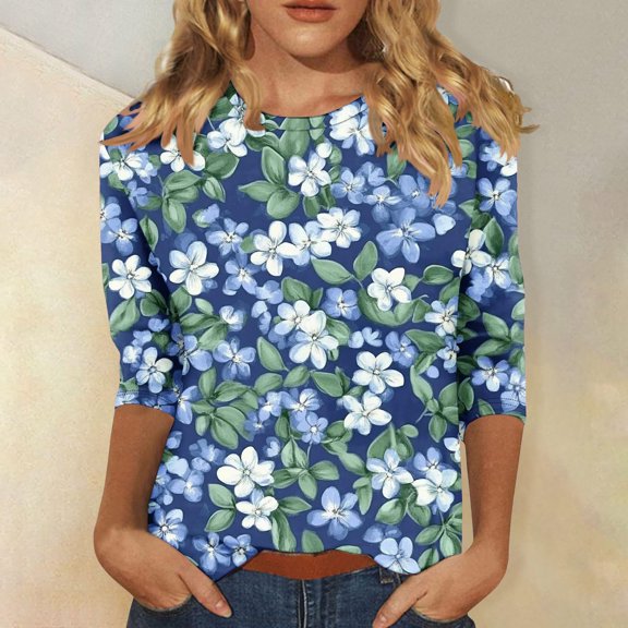 SOOMLON 3/4 Sleeve T Shirts for Women Plus Size Tunic Cotton Tops Casual Crew Neck Shirts Cute Flowers Print T Shirts 2025 Trendy Spring Summer Ladies Tops Loose Fit Boho Basic Outfits Pullover M