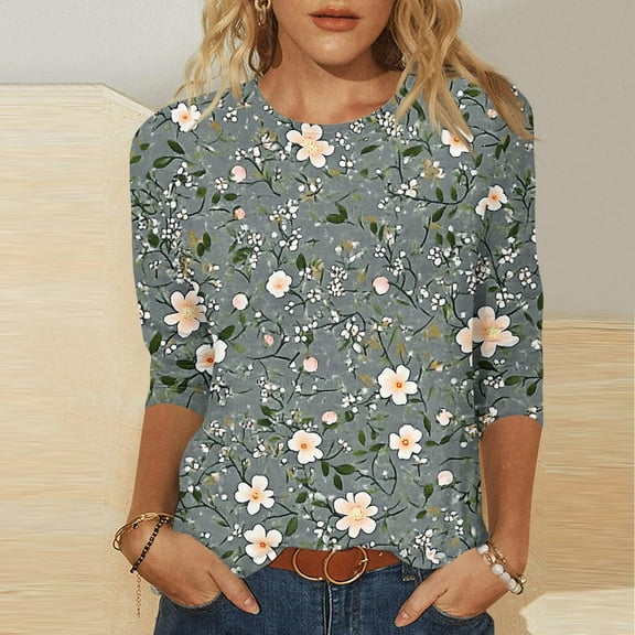 SOOMLON 3/4 Sleeve Tops for Women Plus Size Tunic Cotton Tops Dressy Casual Crew Neck Shirts Funny Floral Print T Shirts 2025 Fashion Spring Summer Ladies Tops Loose Fit Basic Outfits Pullover Gray M