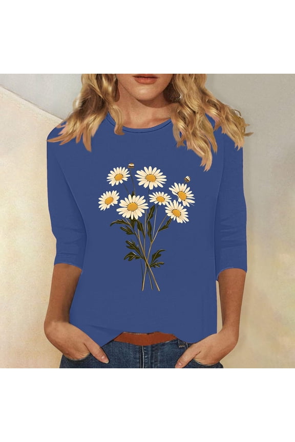3/4 Sleeve Tops for Women Plus Size Tunic Cotton Tops Dressy Casual Crewneck Shirts Cute Daisy Graphic T Shirts 2025 Fashion Spring Summer Ladies Tops Loose Fit Basic Outfits Pullover Blue XL