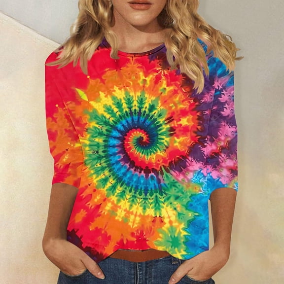SOOMLON 3/4 Sleeve Tops for Women Plus Size Tunic Cotton Tops Dressy Casual Crewneck Shirts Cute Tie Dye Graphic T Shirts 2025 Fashion Spring Summer Ladies Tops Loose Fit Basic Outfits Pullover XL
