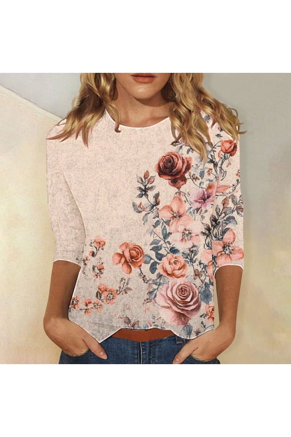 3/4 Sleeve Tops for Women Plus Size Tunic Cotton Tops Dressy Casual Crewneck Shirts Funny Floral Graphic T Shirts 2025 Fashion Spring Summer Ladies Tops Loose Fit Outfits Pullover Pink 2XL
