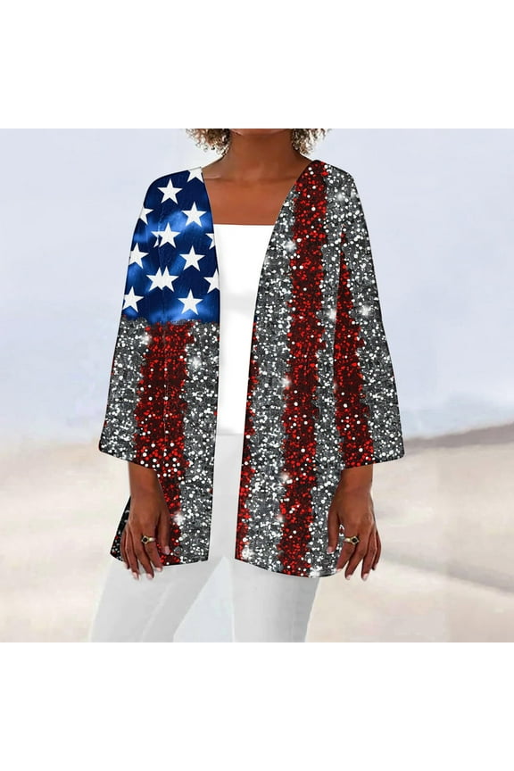 4th of July Light Weight Cardigan Women Open Front Kimonos Jacket Shrugs Distressed Independence Day Shirts Open Front American Flag Tops Long Sleeve Sexy T-Shirt Sexy Tee Blouse Clothing