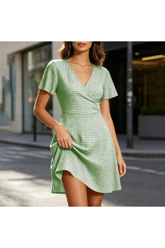 A Line Dress for Women Plus Size Plaid Wrap Dress Short Sleeve V Neck Mini Dress Boho Vacation Beach Clothes