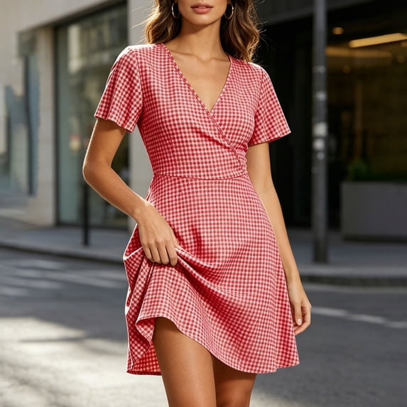 SOOMLON A Line Dress for Women Plus Size Plaid Wrap Dress Short Sleeve V Neck Mini Dress Boho Vacation Beach Clothes