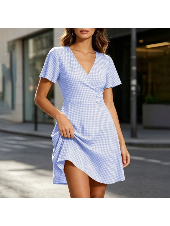 A Line Dress for Women Plus Size Plaid Wrap Dress Short Sleeve V Neck Mini Dress Boho Vacation Beach Clothes