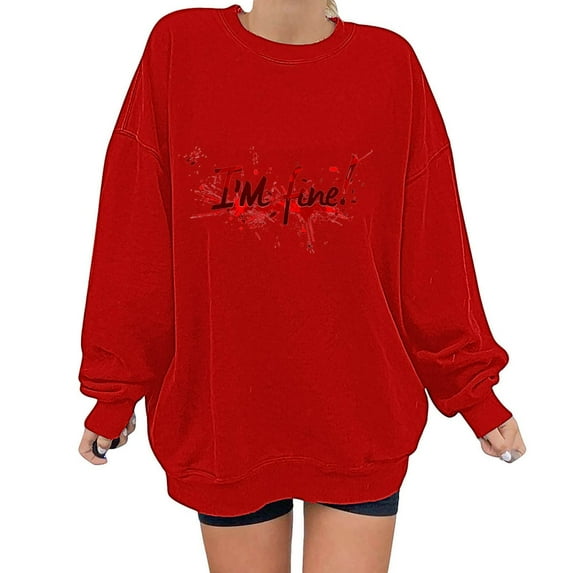 SOOMLON Adult Halloween Shirts Women Long Sleeve Pumpkin Apparel Crewneck Hand Prints Bats Outfits Spider Ghost Themed Clothing Witch Hat Witch Party Attire Red L