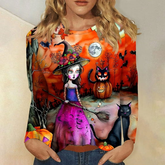 SOOMLON Adult Halloween Shirts Women Plus Size Long Sleeve Witch Pumpkin Outfits Crewneck Hand Prints Bats Party Attire Spider Ghost Apparel Witch Hat Themed Clothing Orange 3XL