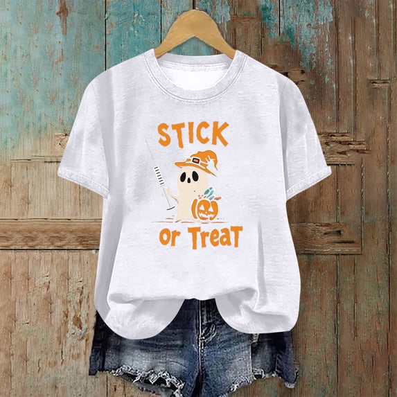 SOOMLON Adult Halloween Shirts Women Plus Size Short Sleeve Ghost Pumpkin Party Attire Crewneck Hand Prints Bats Themed Clothing Spider Witch Outfits Witch Hat Apparel White 2XL
