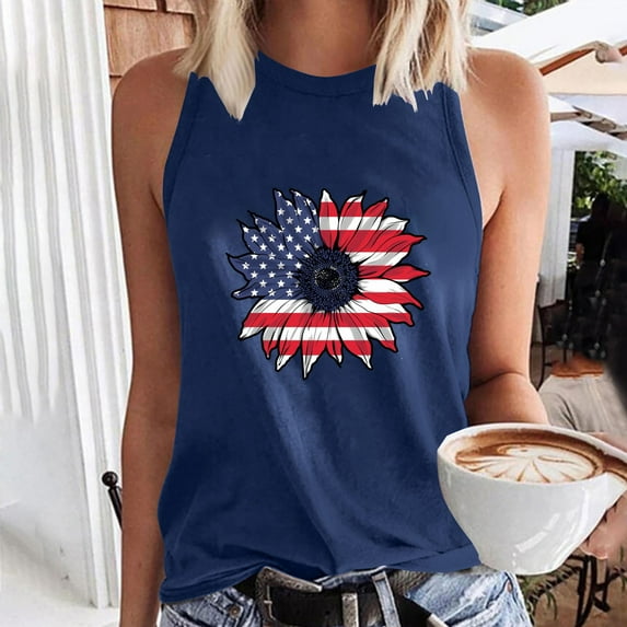 SOOMLON American Flag Loose Tank Tops for Women Sunflower Distressed 4th of July Shirts Crew Neck Patriotic Tops Sleeveless Sexy T-Shirt Personalized Tee Blouse Clothing