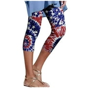 SOOMLON American Flag Pants Women Independence Day Casual Yoga Leggings Athletic Workout Leggings Slimming Patriotic Trousers Elastic Waist Print Cropped Pants Blue L