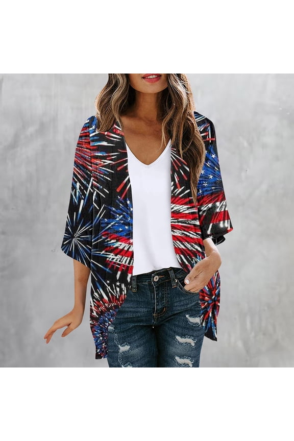 American Flag Summer Cardigan for Women Open Front Kimonos Jacket Shrugs Chiffon Flowy Distressed 4th of July Shirts Open Front Patriotic Tops Long Sleeve T-Shirt Fitted Tee Blouse Outfits