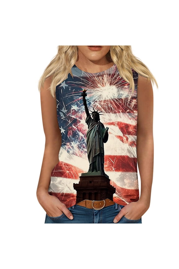 American Flag Tank Tops for Women Statue of Liberty Distressed 4th of July Shirts Crew Neck Patriotic Tops Sleeveless Summer T-Shirt Personalized Tee Blouse Clothing