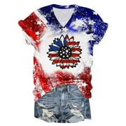SOOMLON American Flag Tops Women 4th of July Tee American Flag Stars Graphic Patriotic Shirts Independence Print Pullover V-Neck Short Sleeve Black L