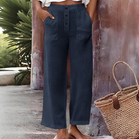 SOOMLON Ankle Pants for Women Casual Summer Plus Size Button Straight Leg Trousers with Pockets Lightweight Clothes